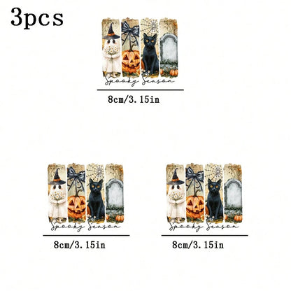 1pc/2pcs/3pcs "Halloween Season" Design- Pumpkin, Black Cat & Tombstone Pattern Heat Transfer Stickers, DTF Iron-On Fabric Patches, Washable Durable Fabric Decoration, Halloween Theme Fashion Accesso
