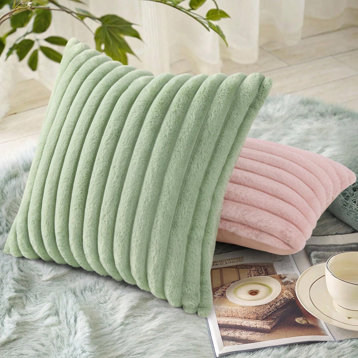 1pc 2pcs 4pcs Faux Fur Cozy Soft Striped Decorative Throw Pillow Covers,Velvet Pillowcase Cushion Case For Sofa Couch