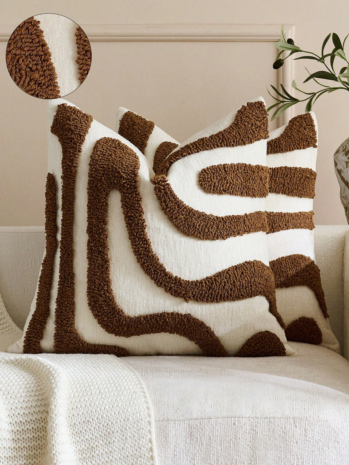 1pc/2pcs Bohemian Modern Japanese Wabi-Sabi Style Plush Throw Pillow Covers, 3D Abstract Curved Wave Texture Embroidered Beige/Cream Neutral Decorative Cushion Covers For Sofa, Living Room, Bedroom, H