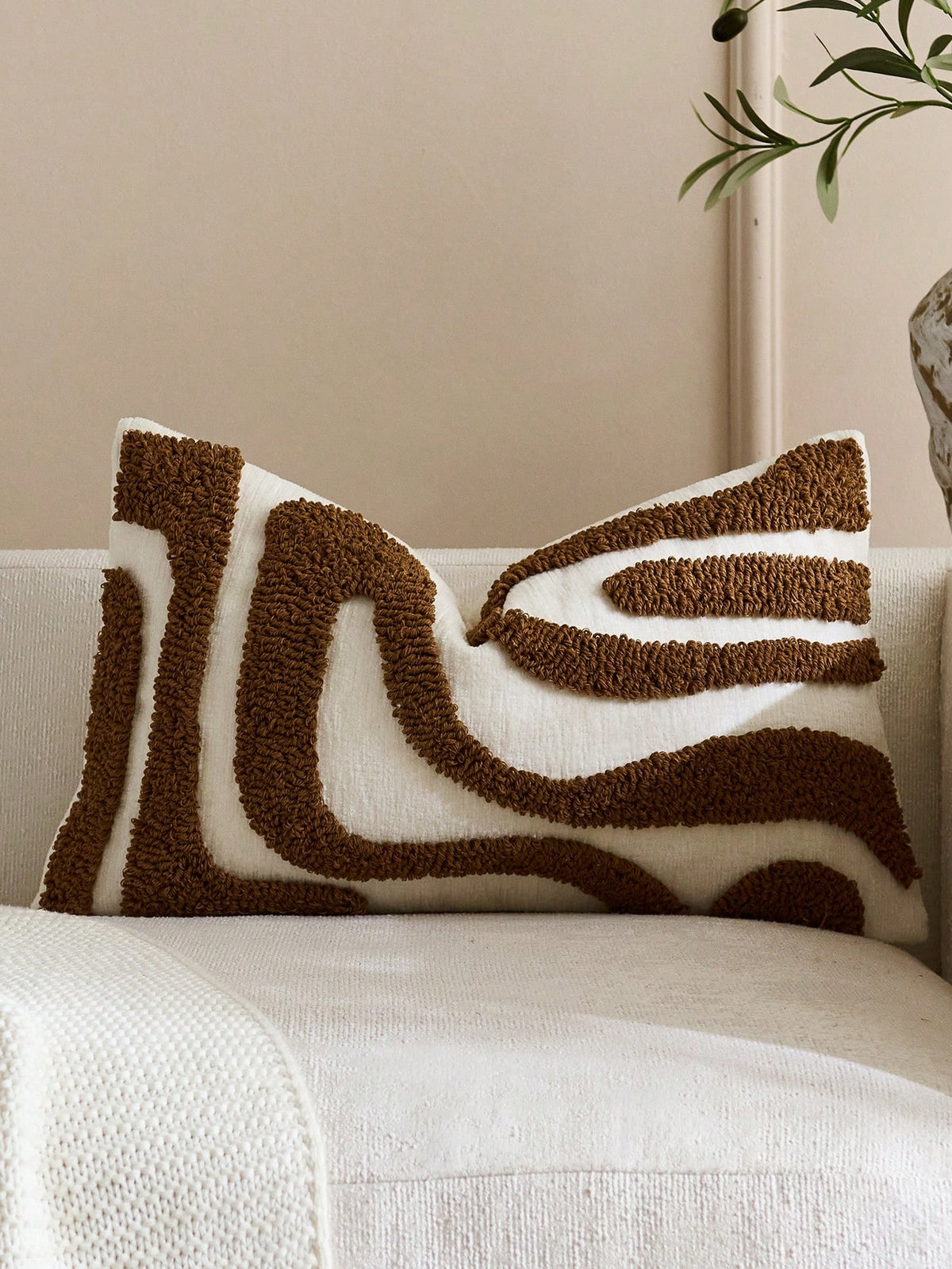 1pc/2pcs Bohemian Modern Japanese Wabi-Sabi Style Plush Throw Pillow Covers, 3D Abstract Curved Wave Texture Embroidered Beige/Cream Neutral Decorative Cushion Covers For Sofa, Living Room, Bedroom, H