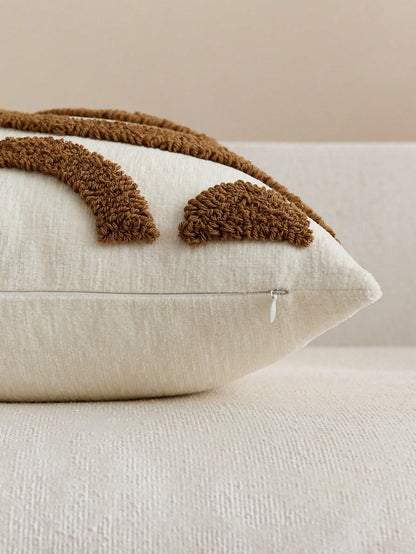 1pc/2pcs Bohemian Modern Japanese Wabi-Sabi Style Plush Throw Pillow Covers, 3D Abstract Curved Wave Texture Embroidered Beige/Cream Neutral Decorative Cushion Covers For Sofa, Living Room, Bedroom, H