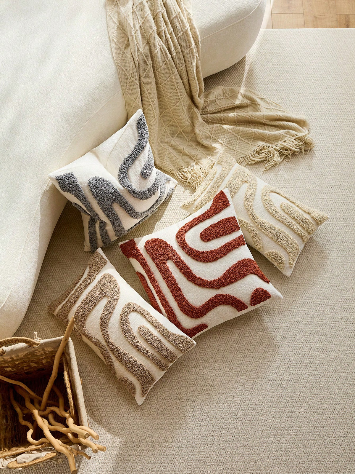 1pc/2pcs Bohemian Modern Japanese Wabi-Sabi Style Plush Throw Pillow Covers, 3D Abstract Curved Wave Texture Embroidered Beige/Cream Neutral Decorative Cushion Covers For Sofa, Living Room, Bedroom, H