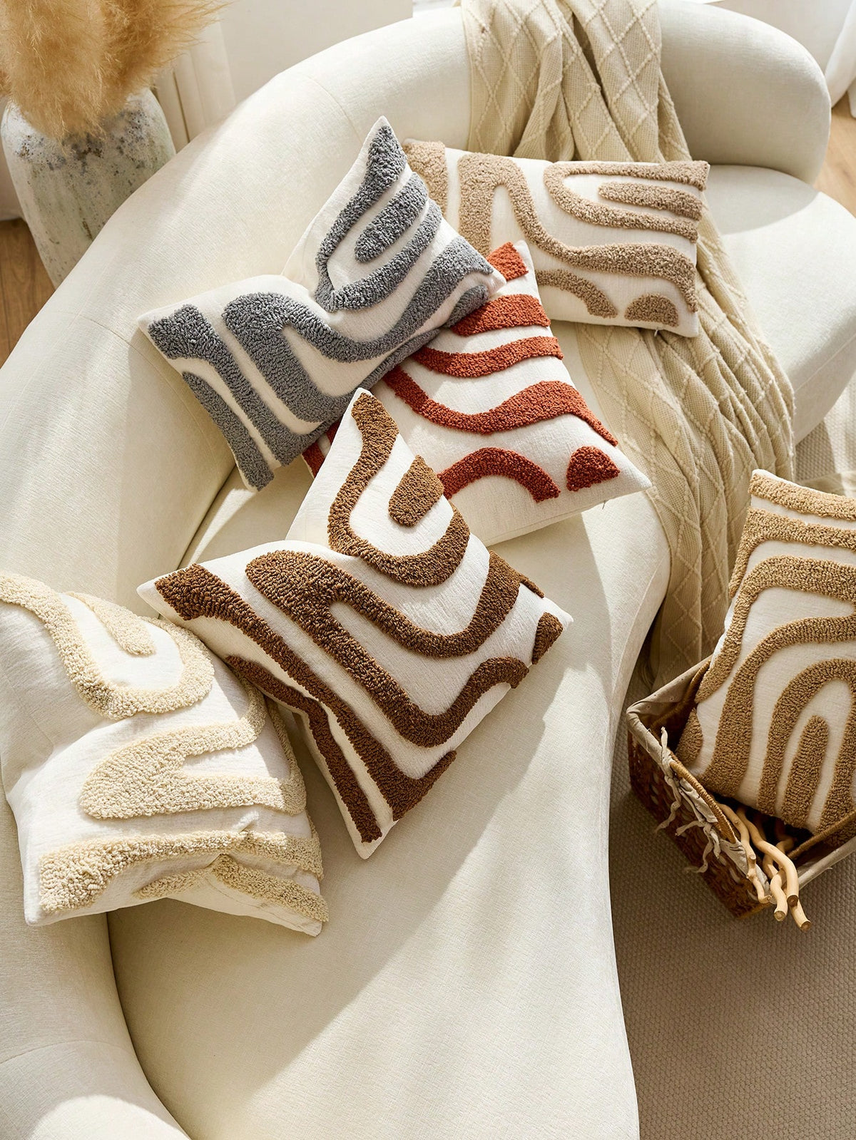 1pc/2pcs Bohemian Modern Japanese Wabi-Sabi Style Plush Throw Pillow Covers, 3D Abstract Curved Wave Texture Embroidered Beige/Cream Neutral Decorative Cushion Covers For Sofa, Living Room, Bedroom, H