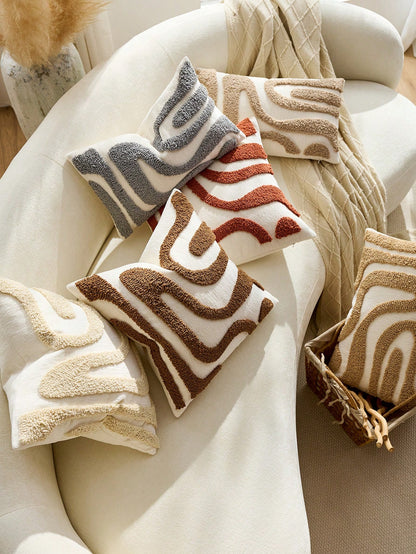 1pc/2pcs Bohemian Modern Japanese Wabi-Sabi Style Plush Throw Pillow Covers, 3D Abstract Curved Wave Texture Embroidered Beige/Cream Neutral Decorative Cushion Covers For Sofa, Living Room, Bedroom, H