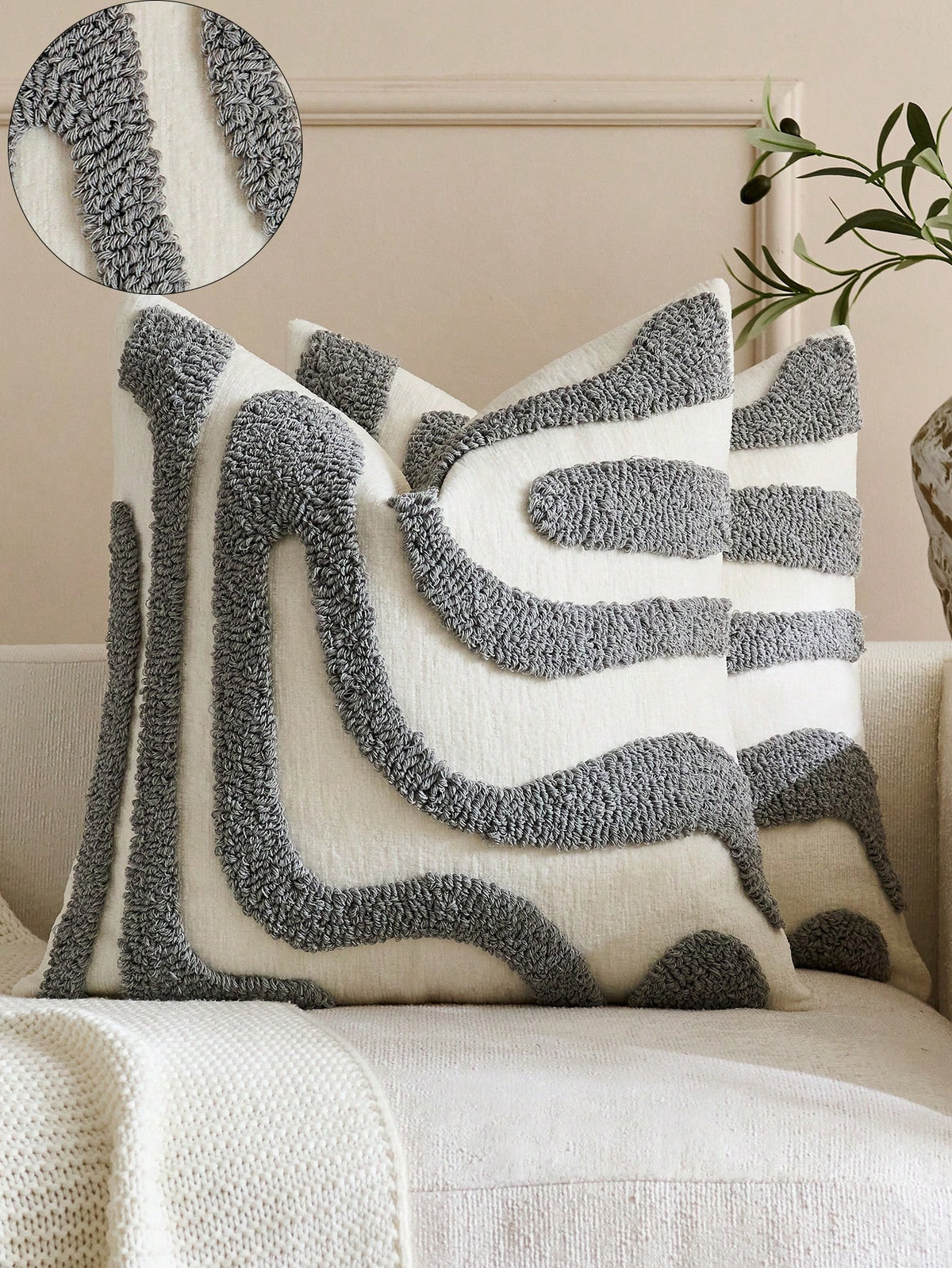 1pc/2pcs Bohemian Modern Japanese Wabi-Sabi Style Plush Throw Pillow Covers, 3D Abstract Curved Wave Texture Embroidered Beige/Cream Neutral Decorative Cushion Covers For Sofa, Living Room, Bedroom, H