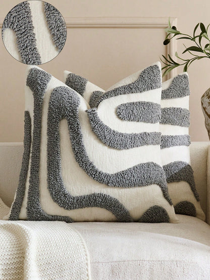 1pc/2pcs Bohemian Modern Japanese Wabi-Sabi Style Plush Throw Pillow Covers, 3D Abstract Curved Wave Texture Embroidered Beige/Cream Neutral Decorative Cushion Covers For Sofa, Living Room, Bedroom, H