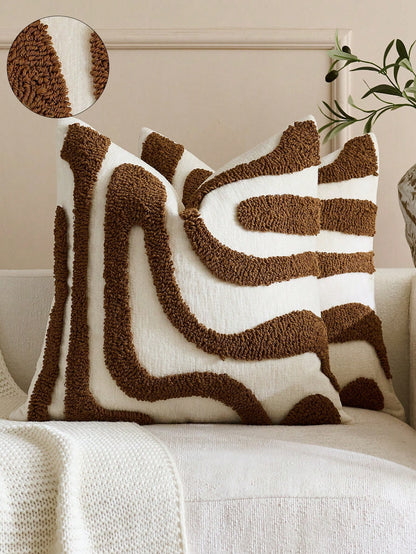 1pc/2pcs Bohemian Modern Japanese Wabi-Sabi Style Plush Throw Pillow Covers, 3D Abstract Curved Wave Texture Embroidered Beige/Cream Neutral Decorative Cushion Covers For Sofa, Living Room, Bedroom, H