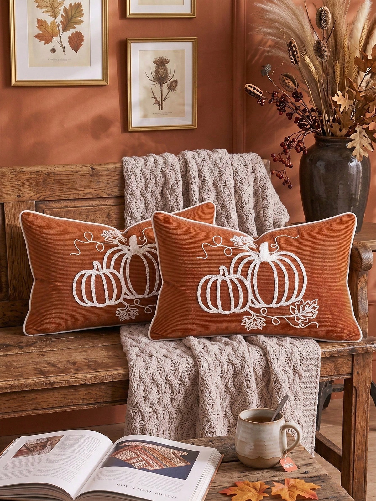 1pc/2pcs Brown Corduroy Pumpkin Embroidery Throw Pillow Cover, Fall Harvest White Pumpkin Pattern Rectangular Cushion Cover, Farmhouse Thanksgiving Autumn Decorative Pillow Sham For Sofa Couch Bedroom