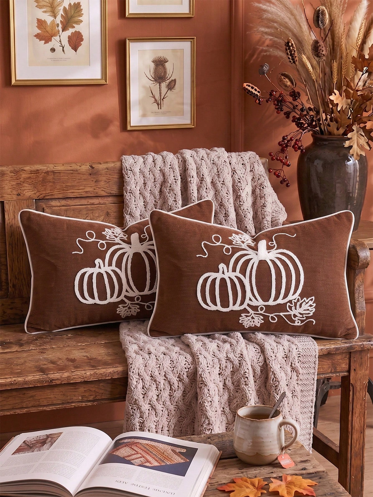 1pc/2pcs Brown Corduroy Pumpkin Embroidery Throw Pillow Cover, Fall Harvest White Pumpkin Pattern Rectangular Cushion Cover, Farmhouse Thanksgiving Autumn Decorative Pillow Sham For Sofa Couch Bedroom