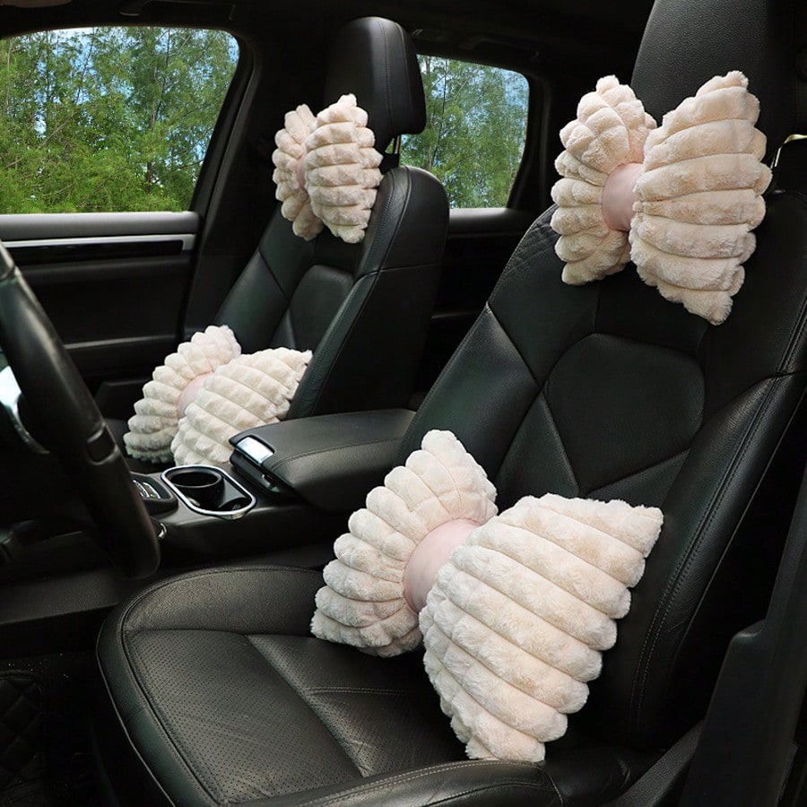 1pc/2pcs Car Headrest Pillow, Winter Plush Comfortable Warm Neck Pillow, Solid Color Minimalist Headrest & Lumbar Pillow, Car Accessories, Car Pillow