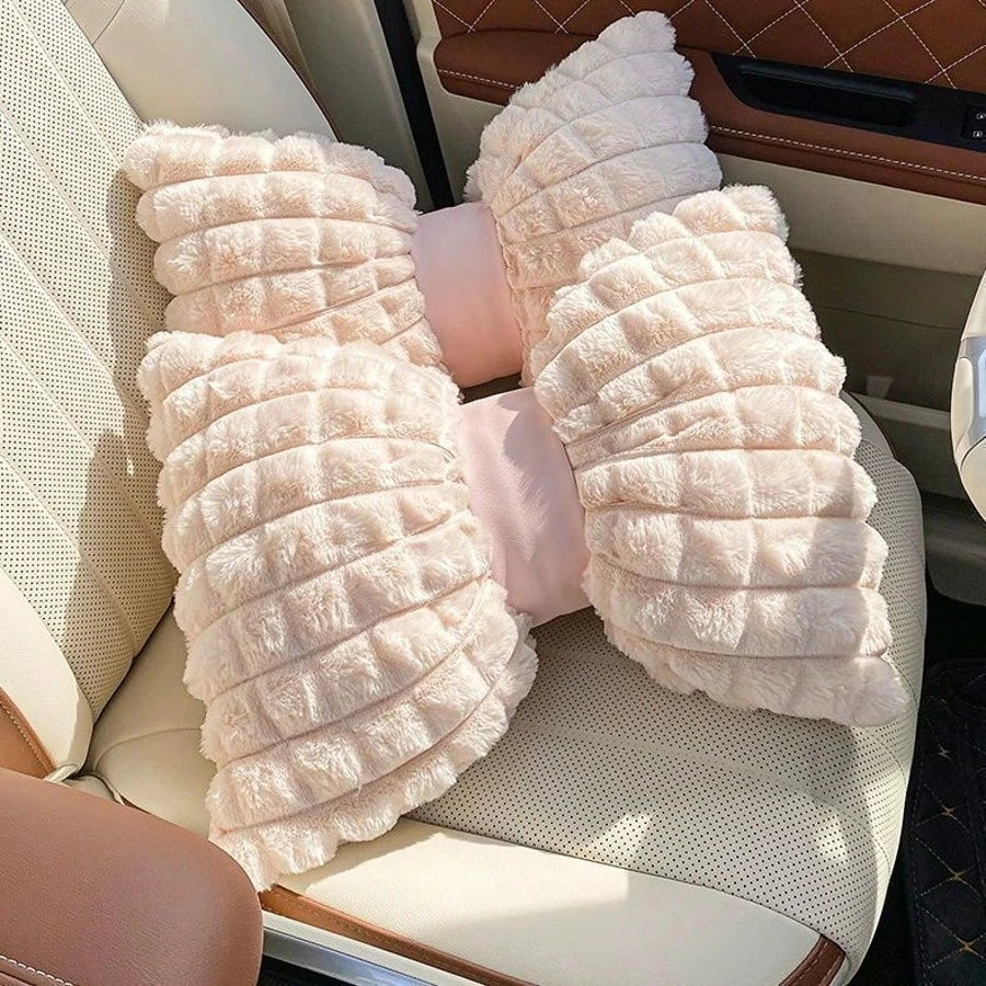1pc/2pcs Car Headrest Pillow, Winter Plush Comfortable Warm Neck Pillow, Solid Color Minimalist Headrest & Lumbar Pillow, Car Accessories, Car Pillow