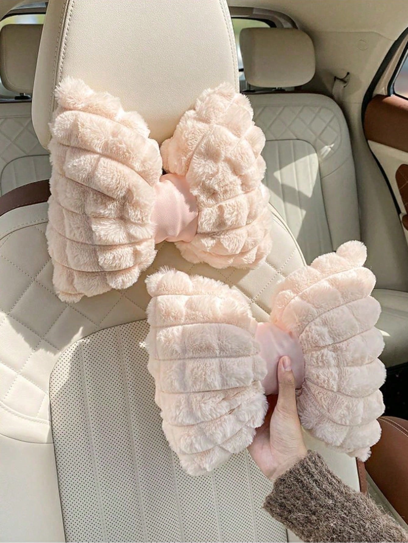 1pc/2pcs Car Headrest Pillow, Winter Plush Comfortable Warm Neck Pillow, Solid Color Minimalist Headrest & Lumbar Pillow, Car Accessories, Car Pillow