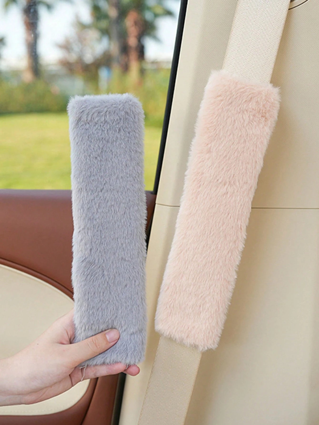 1pc/2pcs Car Seat Belt Shoulder Protector Plush Solid Color Car Seat Belt Protector Imitation Rabbit Hair Car Interior Supplies