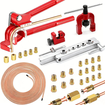 1PC 3-In-1 Manual Pipe Bender Kit, Aluminum Alloy Silver Red Pipe Bending Tool, 3/16 Inch Bender + 25FT Copper Tube & Complete Fittings, Heavy Duty Pipe Bender Set For US Air Conditioner Repair, Plum
