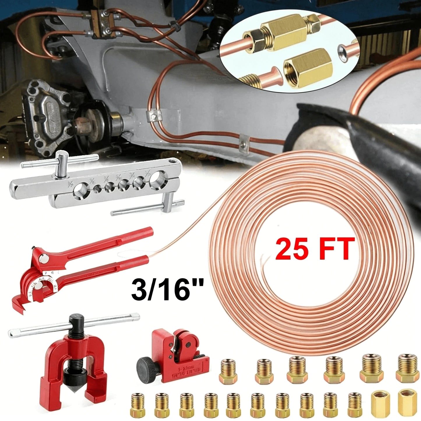 1PC 3-In-1 Manual Pipe Bender Kit, Aluminum Alloy Silver Red Pipe Bending Tool, 3/16 Inch Bender + 25FT Copper Tube & Complete Fittings, Heavy Duty Pipe Bender Set For US Air Conditioner Repair, Plum