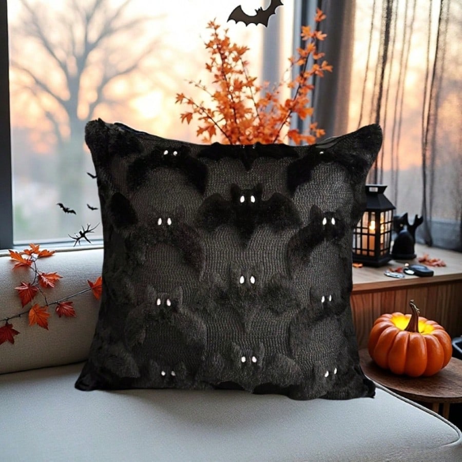 1pc 3D Plush Bat Throw Pillow Cover, Gothic Dark Halloween Witch Theme Decorative Cushion Case, 18" X 18", For Living Room Sofa Bedroom Halloween Decor, Pillow Insert Not Included