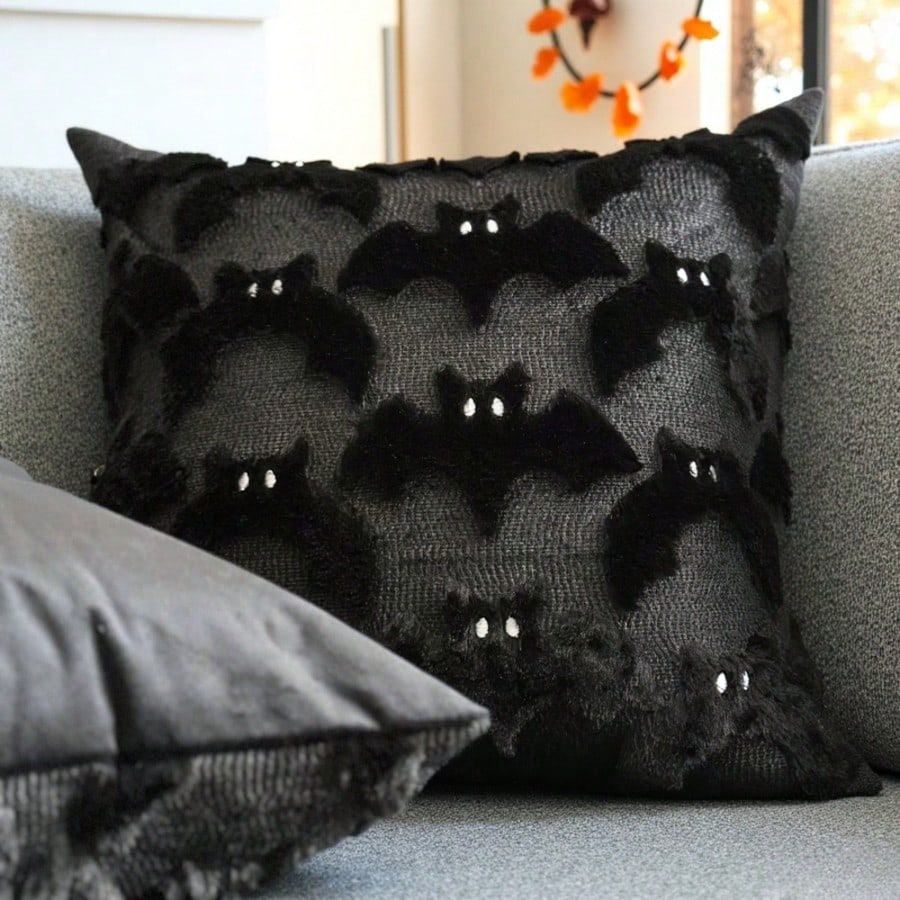1pc 3D Plush Bat Throw Pillow Cover, Gothic Dark Halloween Witch Theme Decorative Cushion Case, 18" X 18", For Living Room Sofa Bedroom Halloween Decor, Pillow Insert Not Included