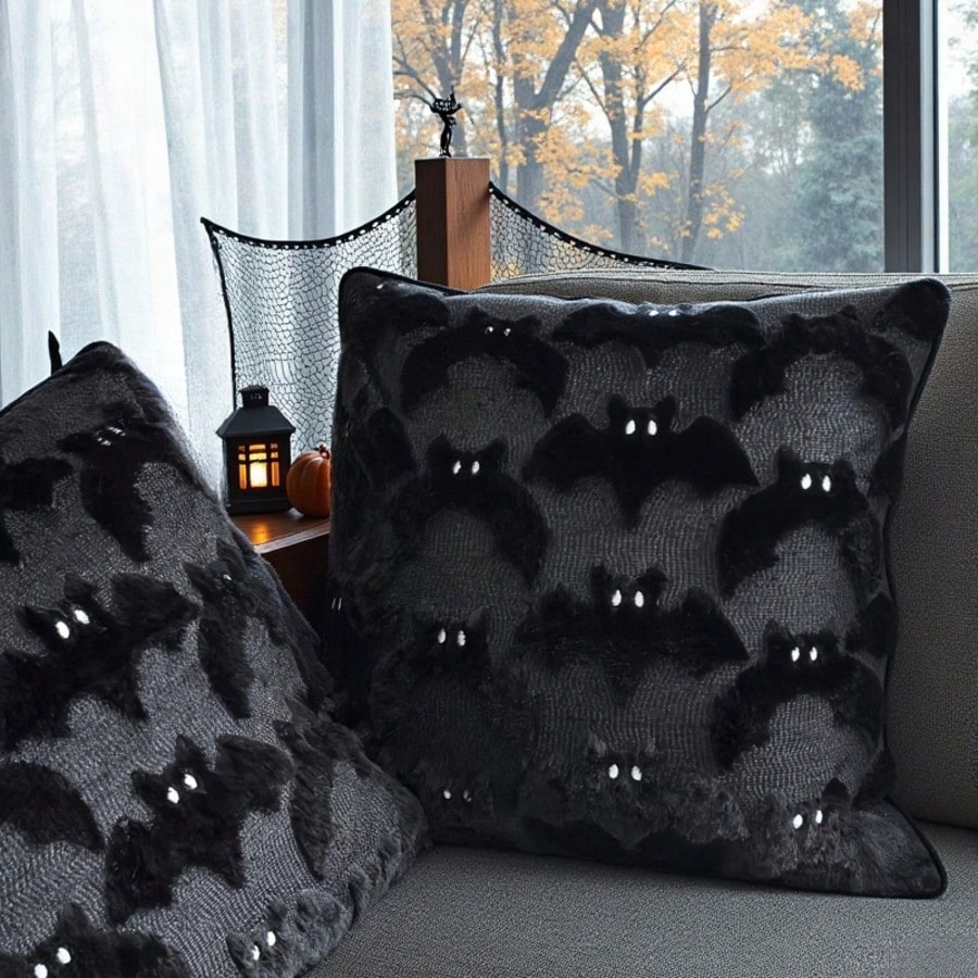 1pc 3D Plush Bat Throw Pillow Cover, Gothic Dark Halloween Witch Theme Decorative Cushion Case, 18" X 18", For Living Room Sofa Bedroom Halloween Decor, Pillow Insert Not Included