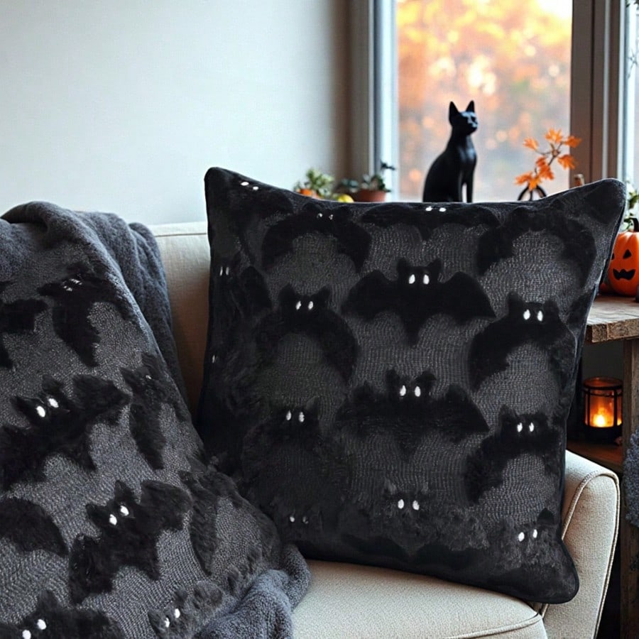 1pc 3D Plush Bat Throw Pillow Cover, Gothic Dark Halloween Witch Theme Decorative Cushion Case, 18" X 18", For Living Room Sofa Bedroom Halloween Decor, Pillow Insert Not Included