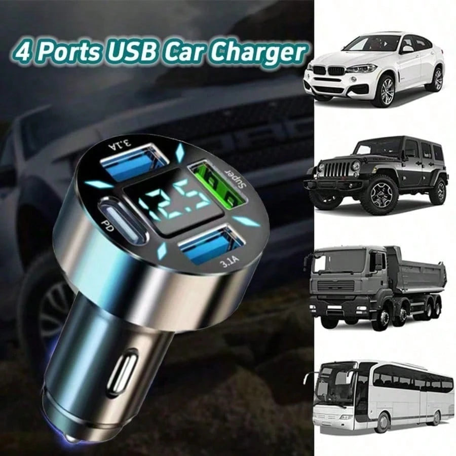 1pc 4-Port Fast Car Charger, PD3.0 & QC3.0 USB C & USB A Adapter With LED Voltage Display, Rapid Charging Cigarette Lighter Plug For All Smartphones