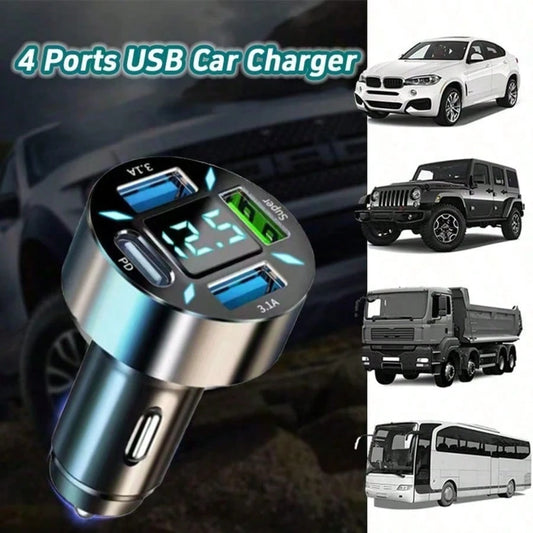 1pc 4-Port Fast Car Charger, PD3.0 & QC3.0 USB C & USB A Adapter With LED Voltage Display, Rapid Charging Cigarette Lighter Plug For All Smartphones