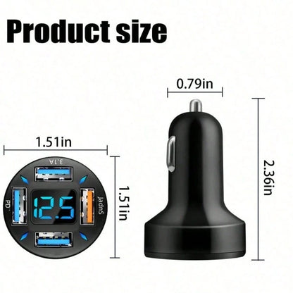 1pc 4-Port Fast Car Charger, PD3.0 & QC3.0 USB C & USB A Adapter With LED Voltage Display, Rapid Charging Cigarette Lighter Plug For All Smartphones