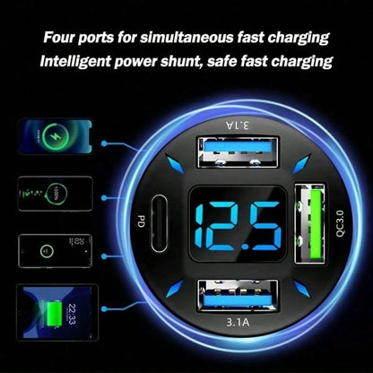 1pc 4-Port Fast Car Charger, PD3.0 & QC3.0 USB C & USB A Adapter With LED Voltage Display, Rapid Charging Cigarette Lighter Plug For All Smartphones