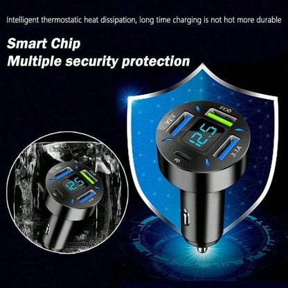 1pc 4-Port Fast Car Charger, PD3.0 & QC3.0 USB C & USB A Adapter With LED Voltage Display, Rapid Charging Cigarette Lighter Plug For All Smartphones