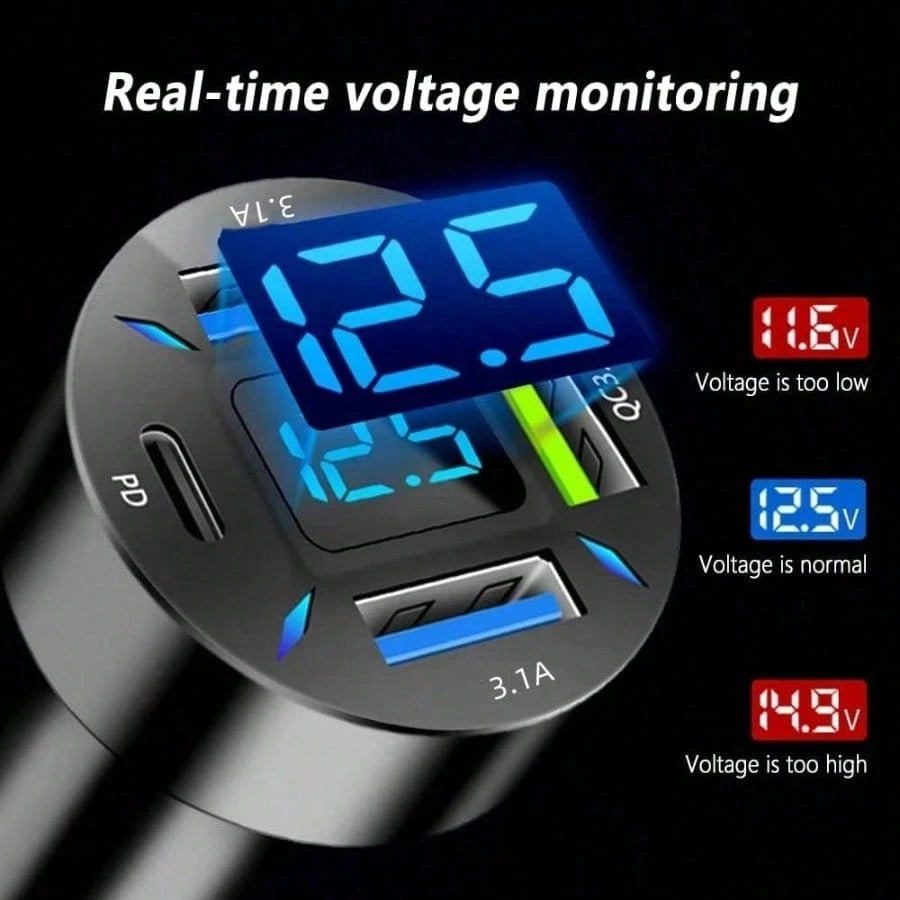 1pc 4-Port Fast Car Charger, PD3.0 & QC3.0 USB C & USB A Adapter With LED Voltage Display, Rapid Charging Cigarette Lighter Plug For All Smartphones