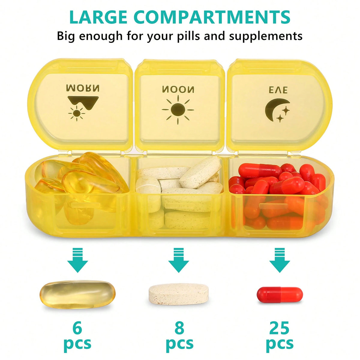 1Pc,7 Compartments With 3 Independent Dividers,Weekly Pill Organizer,Large Capacity Daily Pill Box For Morning Noon Evening Dosage,7-Day Portable Travel Pill Dispenser,Light-Proof & Moisture-Proof,Sui