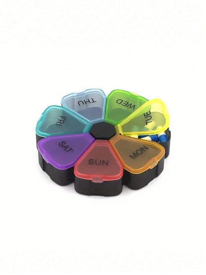 1pc 7-Day 7-Compartment Large Capacity PP Pill Box, Portable Once-A-Day Travel Pill/Vitamin/Fish Oil Storage Box, Petal-Shaped Transparent 7-Color Pill Box, Medicine Storage Box