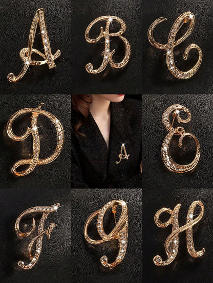 1pc A-Z Letter Brooch, European Style Rhinestone Pin, Alloy Material, Inlaid With Sparkling Gemstones, Ideal For Matching Suits, Shirts, Jackets, Dresses, Showcasing Elegance And Fashion. Can Be Used