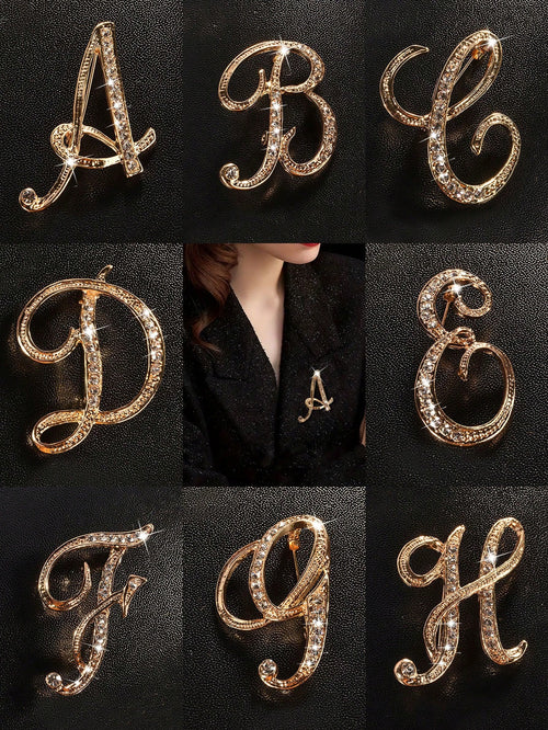 1pc A-Z Letter Brooch, European Style Rhinestone Pin, Alloy Material, Inlaid With Sparkling Gemstones, Ideal For Matching Suits, Shirts, Jackets, Dresses, Showcasing Elegance And Fashion. Can Be Used