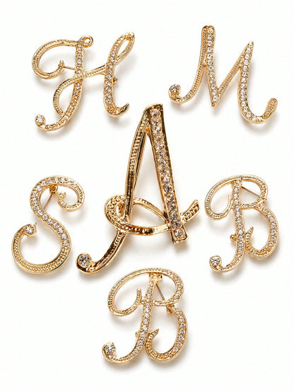 1pc A-Z Letter Brooch, European Style Rhinestone Pin, Alloy Material, Inlaid With Sparkling Gemstones, Ideal For Matching Suits, Shirts, Jackets, Dresses, Showcasing Elegance And Fashion. Can Be Used