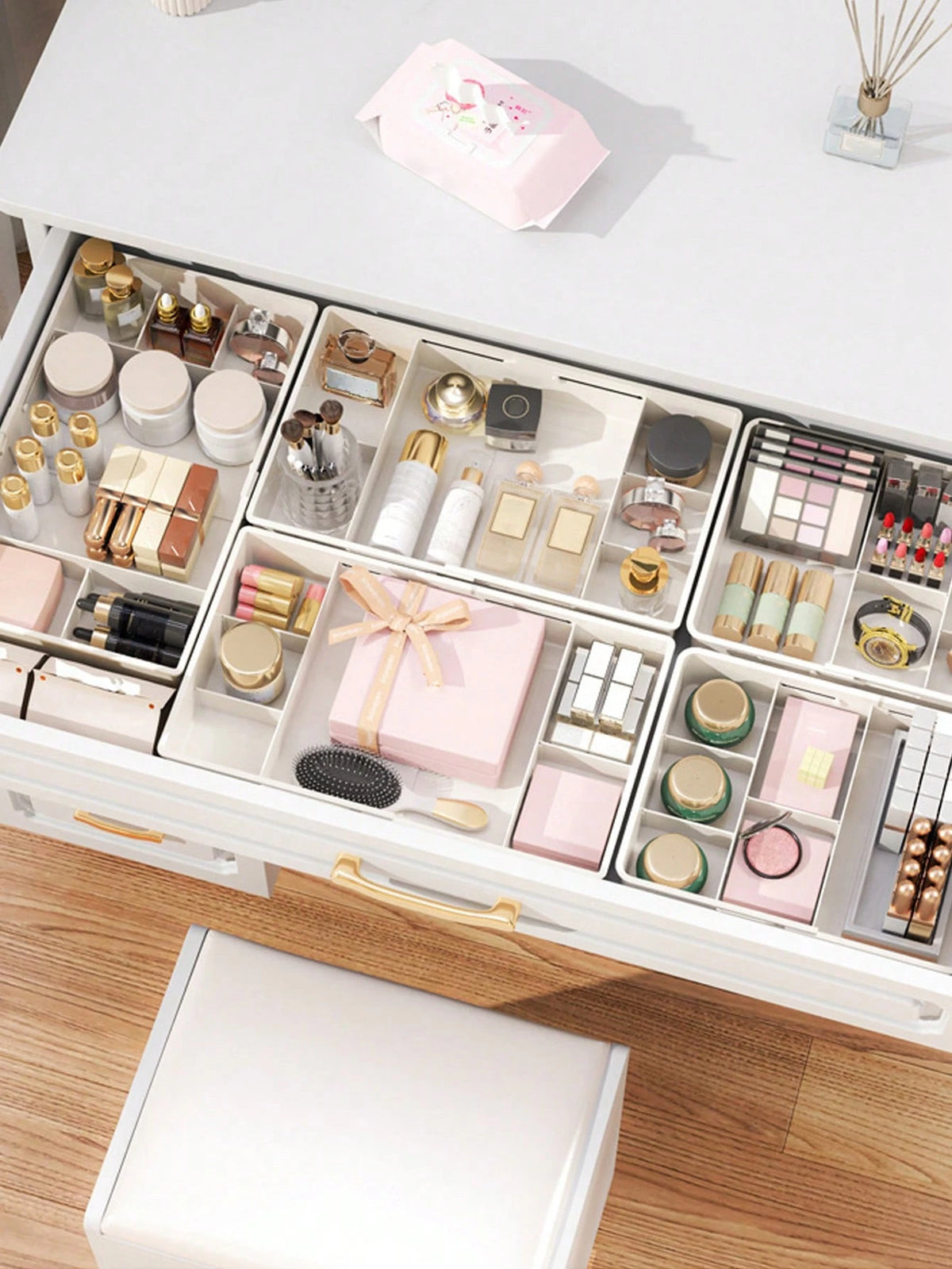 1pc Adjustable Beauty Storage Trays, Large Capacity Organizer Box With Dividers, Drawer Storage Box,Suitable For Cosmetics, Makeup Tools,Desktop Accessories, Drawer Storage,Office Supplies,Cosmetics S