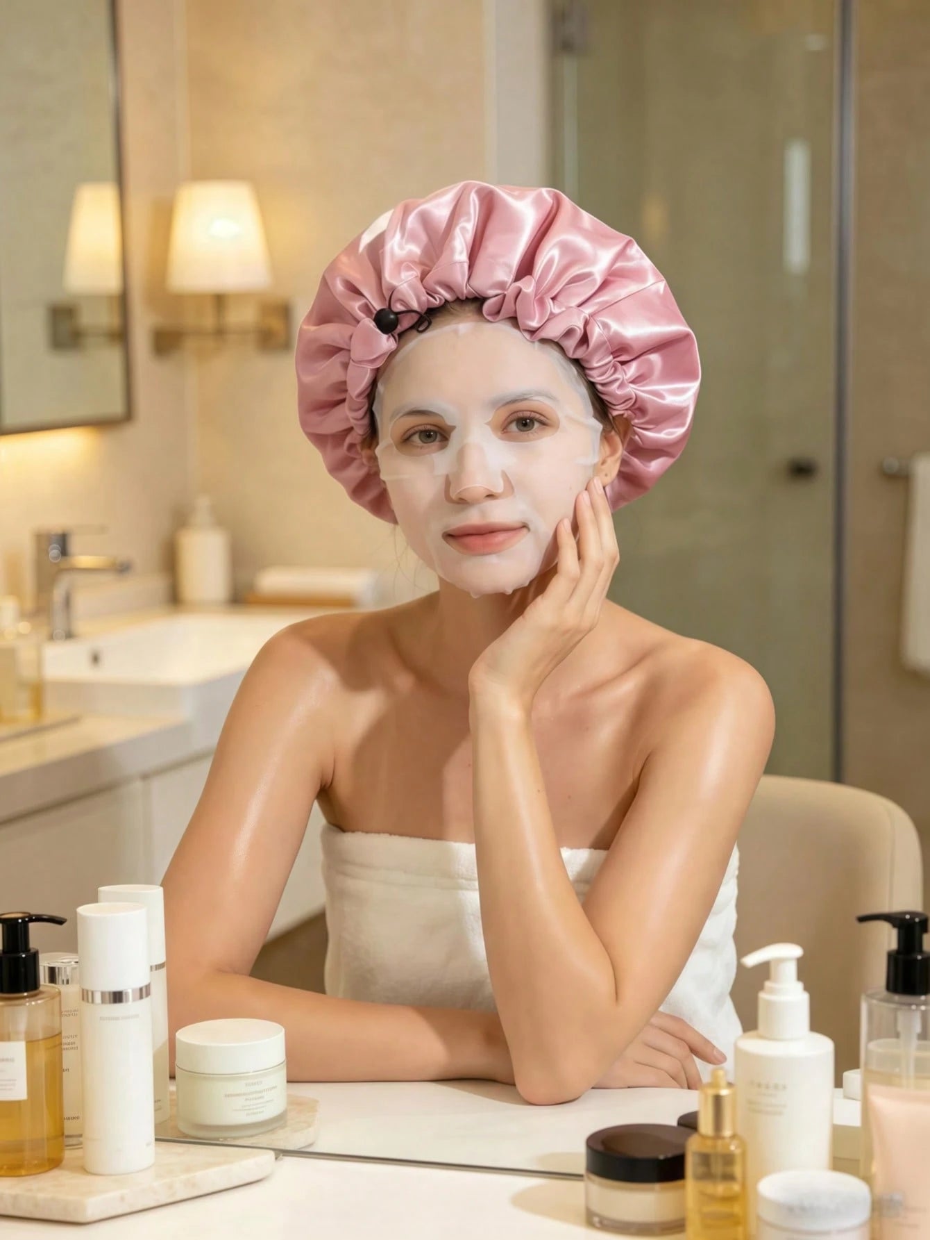 1PC Adjustable Drawstring Waterproof Soft Silky Nylon Shower Cap For Women Long Hair Travel Home Use Quick Dry Reusable Bath Hat