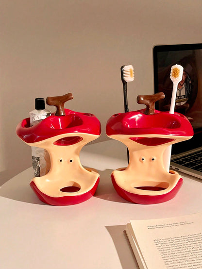 1pc Apple-Shaped Toothbrush Holder, Free Installation Standalone Toothbrush & Toothpaste Storage Rack, Suitable For Countertop, Sink And Bathtub, Holds Toothbrush And Toothpaste, Bathroom Decor