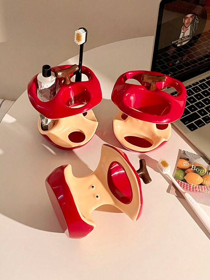 1pc Apple-Shaped Toothbrush Holder, Free Installation Standalone Toothbrush & Toothpaste Storage Rack, Suitable For Countertop, Sink And Bathtub, Holds Toothbrush And Toothpaste, Bathroom Decor
