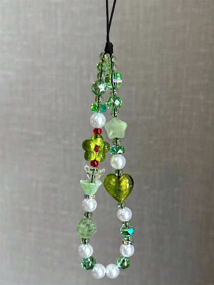 1pc Artistic Spring Green Shiny Flower, Star, Heart Beaded Phone Lanyard, Keychain, Camera Strap