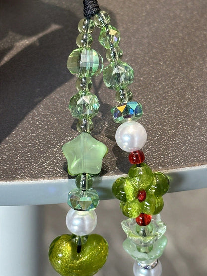 1pc Artistic Spring Green Shiny Flower, Star, Heart Beaded Phone Lanyard, Keychain, Camera Strap