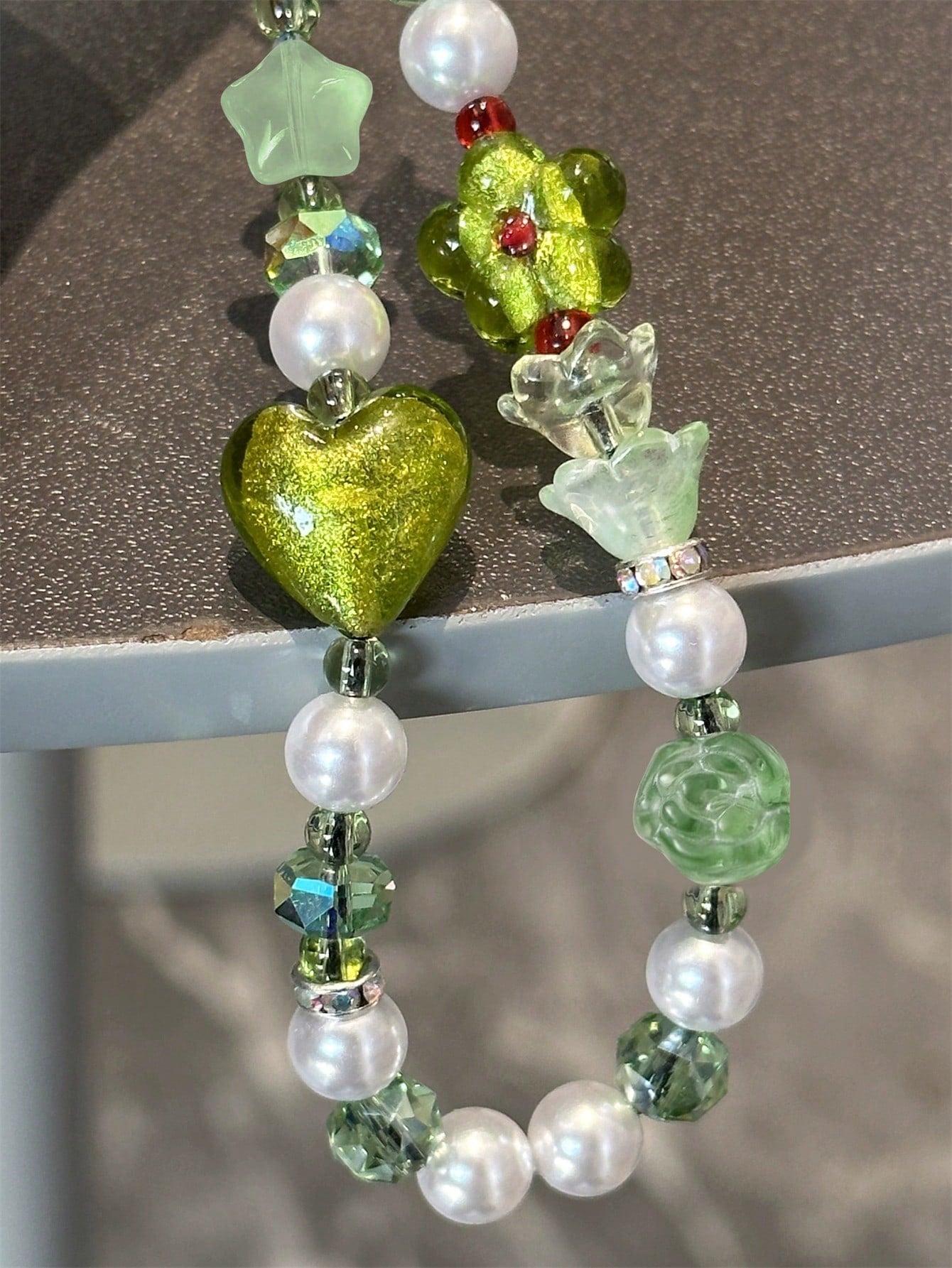 1pc Artistic Spring Green Shiny Flower, Star, Heart Beaded Phone Lanyard, Keychain, Camera Strap