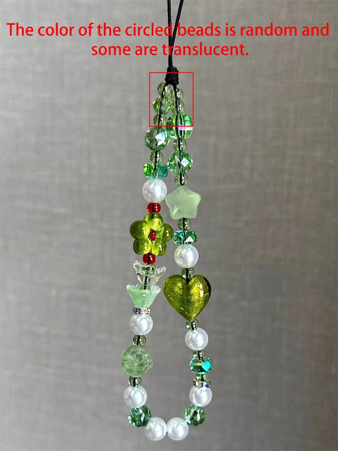 1pc Artistic Spring Green Shiny Flower, Star, Heart Beaded Phone Lanyard, Keychain, Camera Strap