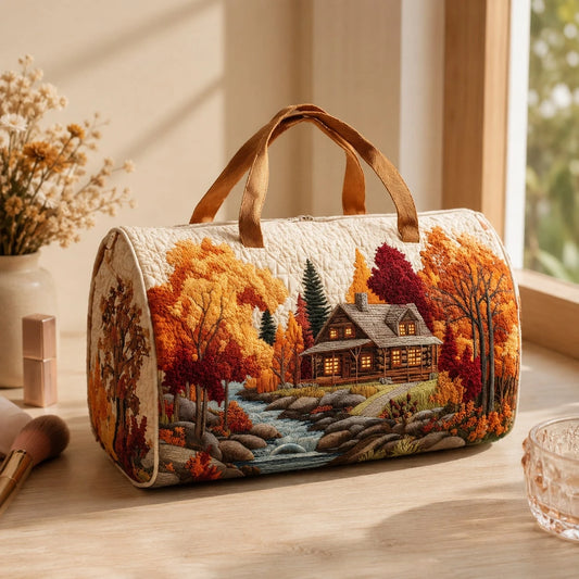 1pc Autumn Cabin Landscape Quilted Cosmetic Bag, 18*9*9cm Portable Zippered Makeup And Toiletries Storage Bag With Top Handle, Women's Small Travel Organizer, Daily Use And Gift