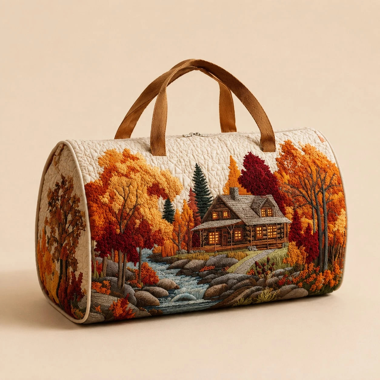 1pc Autumn Cabin Landscape Quilted Cosmetic Bag, 18*9*9cm Portable Zippered Makeup And Toiletries Storage Bag With Top Handle, Women's Small Travel Organizer, Daily Use And Gift