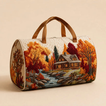 1pc Autumn Cabin Landscape Quilted Cosmetic Bag, 18*9*9cm Portable Zippered Makeup And Toiletries Storage Bag With Top Handle, Women's Small Travel Organizer, Daily Use And Gift
