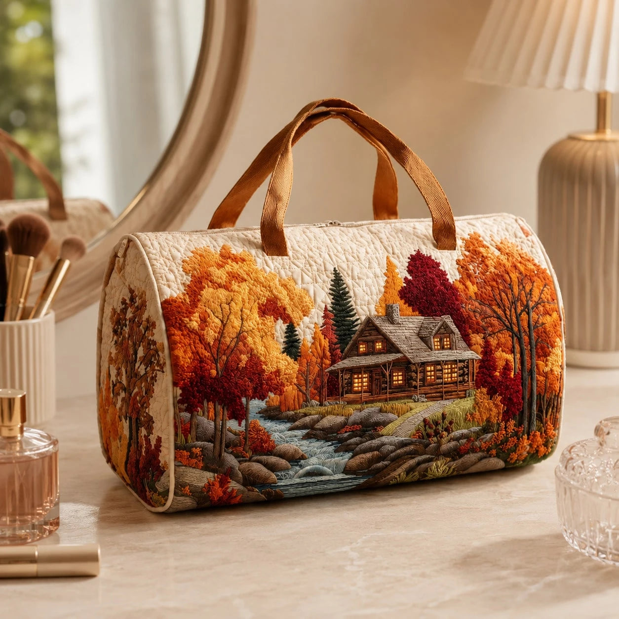 1pc Autumn Cabin Landscape Quilted Cosmetic Bag, 18*9*9cm Portable Zippered Makeup And Toiletries Storage Bag With Top Handle, Women's Small Travel Organizer, Daily Use And Gift