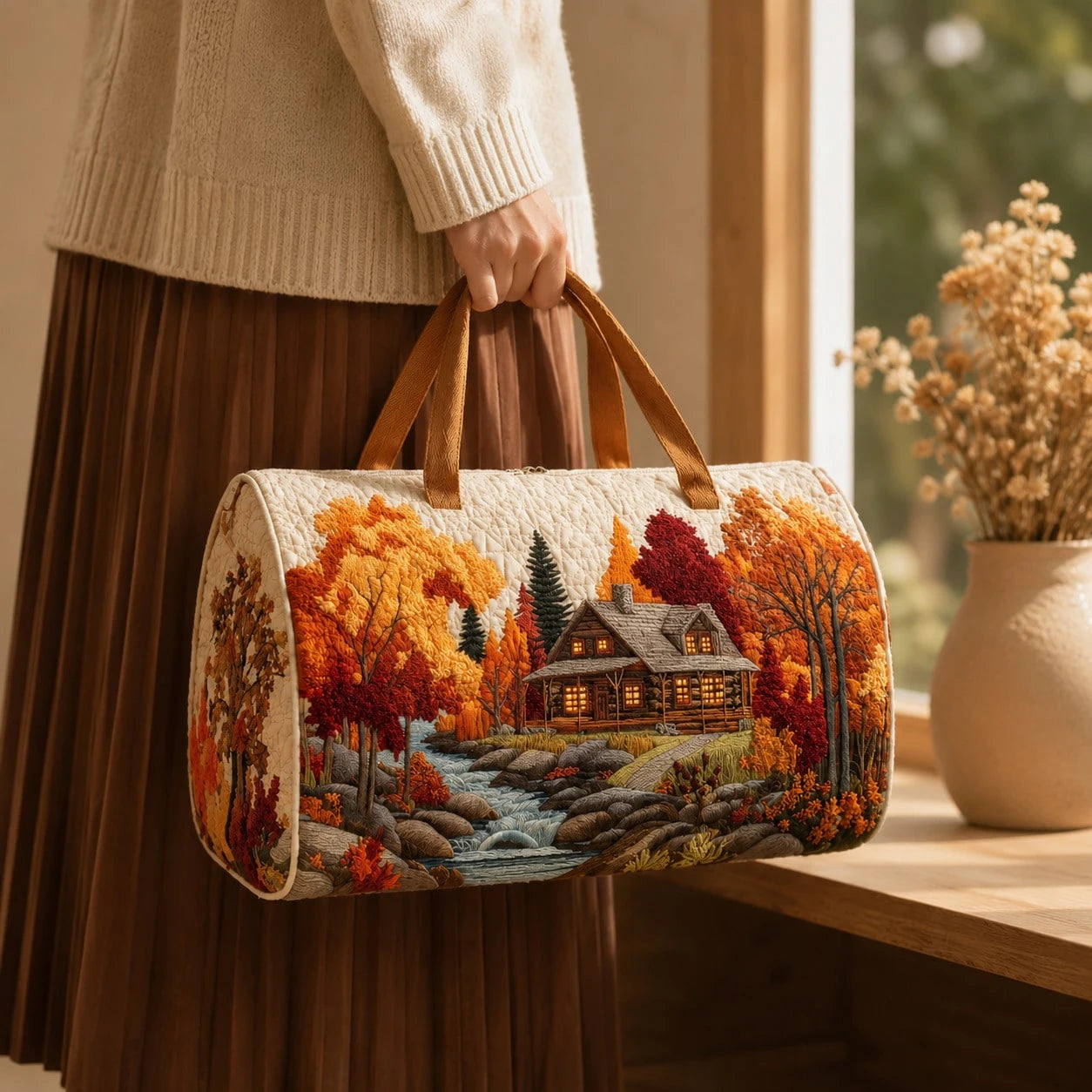 1pc Autumn Cabin Landscape Quilted Cosmetic Bag, 18*9*9cm Portable Zippered Makeup And Toiletries Storage Bag With Top Handle, Women's Small Travel Organizer, Daily Use And Gift