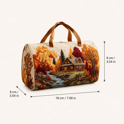 1pc Autumn Cabin Landscape Quilted Cosmetic Bag, 18*9*9cm Portable Zippered Makeup And Toiletries Storage Bag With Top Handle, Women's Small Travel Organizer, Daily Use And Gift