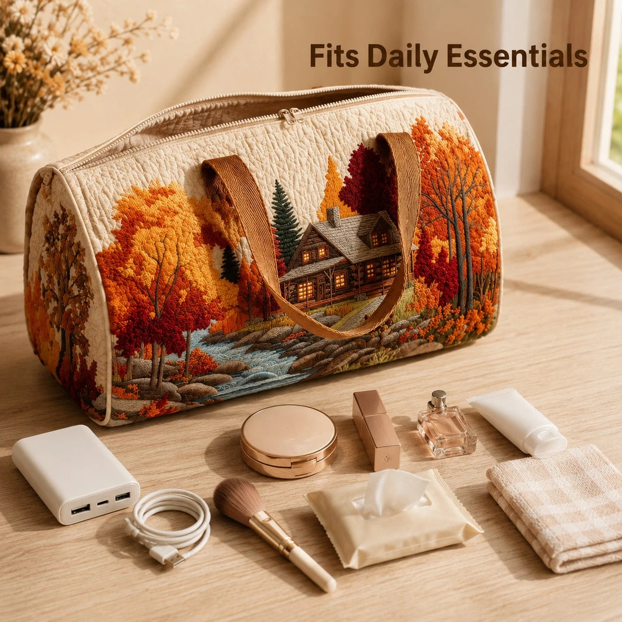 1pc Autumn Cabin Landscape Quilted Cosmetic Bag, 18*9*9cm Portable Zippered Makeup And Toiletries Storage Bag With Top Handle, Women's Small Travel Organizer, Daily Use And Gift
