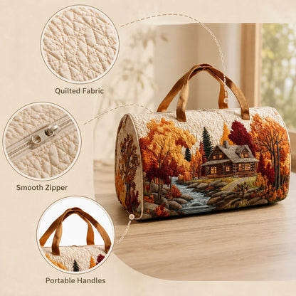 1pc Autumn Cabin Landscape Quilted Cosmetic Bag, 18*9*9cm Portable Zippered Makeup And Toiletries Storage Bag With Top Handle, Women's Small Travel Organizer, Daily Use And Gift